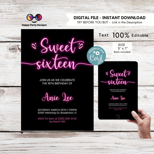 Editable Sweet Sixteen Invitation | Neon Pink Birthday Invitation | 16th Birthday |  Girl Birthday | Neon Pink Girl Party  #302
