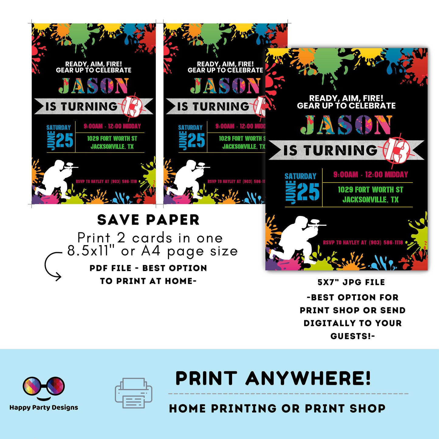 Kids Editable paintball Birthday Invitation Template | Printable Birthday paintball Party Invitations | Birthday boy paintball party #K303