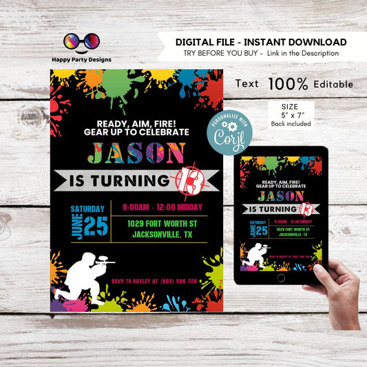 Kids Editable paintball Birthday Invitation Template | Printable Birthday paintball Party Invitations | Birthday boy paintball party #K303