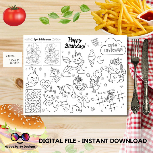 Instant download unicorns coloring page | Placemat coloring page | Any Age | Unicorns birthday | Party Activity | Loot Bag Party Favor