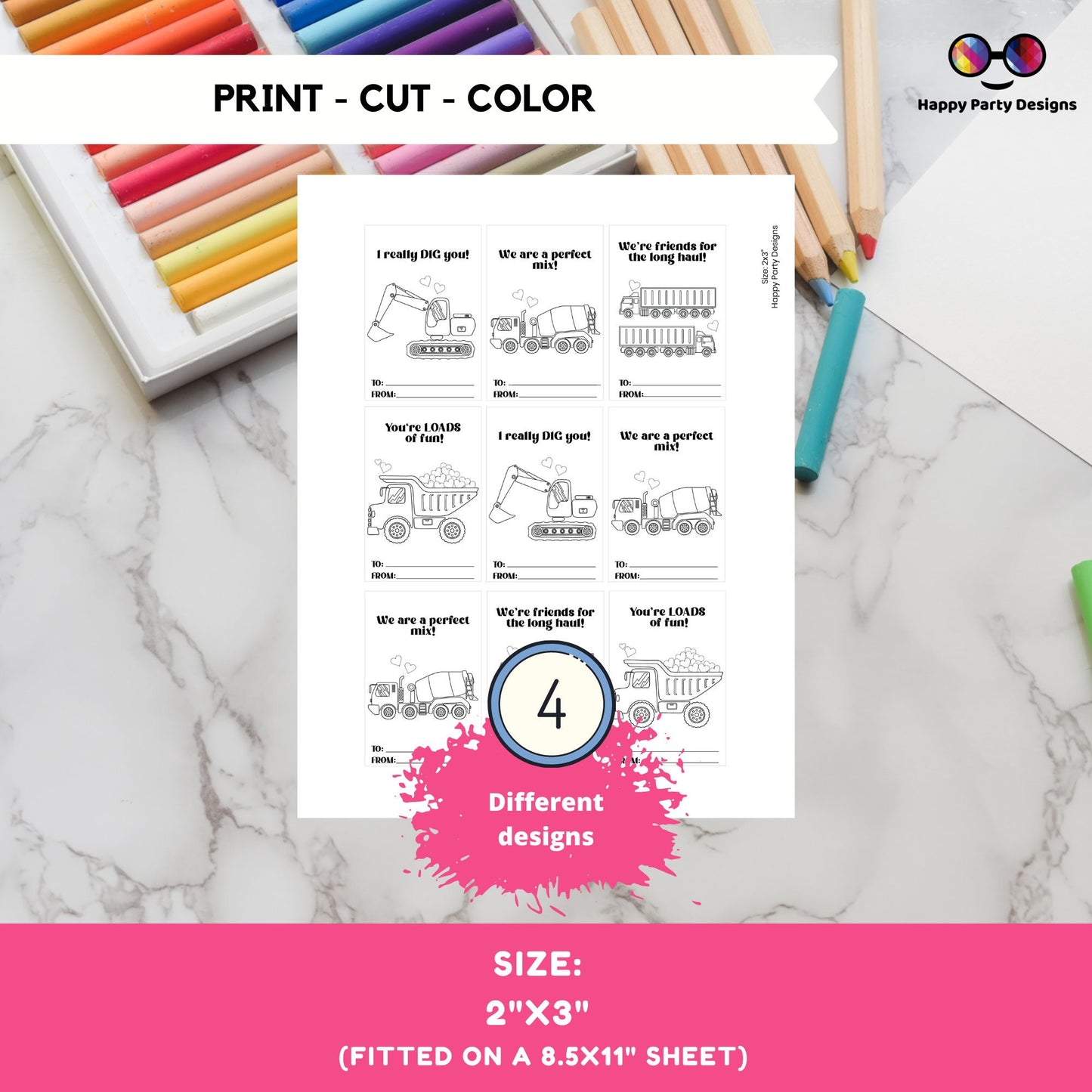 Valentines Printable Coloring Cards INSTANT DOWNLOAD| Valentines trucks Coloring Activity | Valentines activity Valentines for kids
