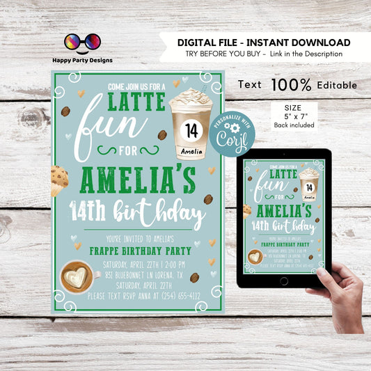 Editable Latte Party birthday Invitation | Coffee Invite | Latte Party Invitation | Frappe Birthday Invite | Muffin Invitation #K284