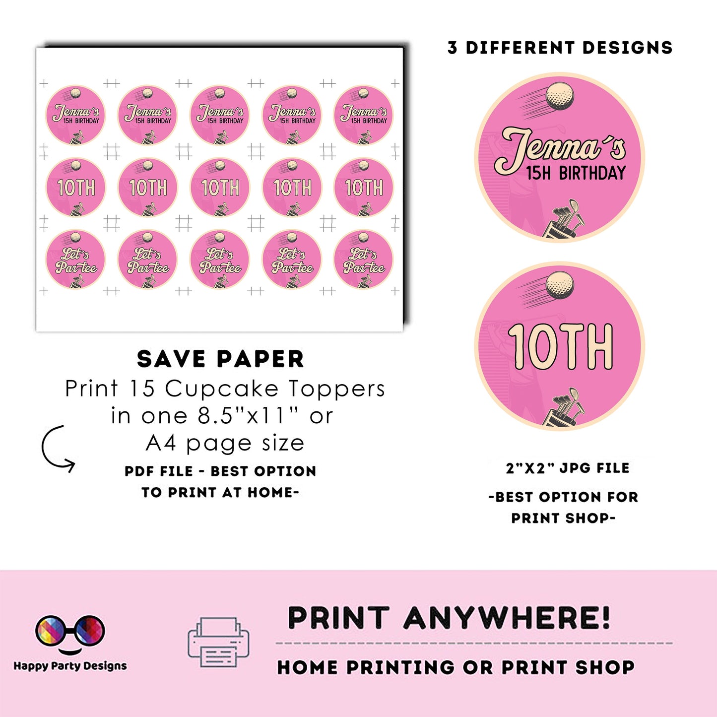 Editable golf Cupcake toppers template | golf Party birthday girl | Par-tee Birthday Party | girl Birthday Party | Stickers |round tag #K179
