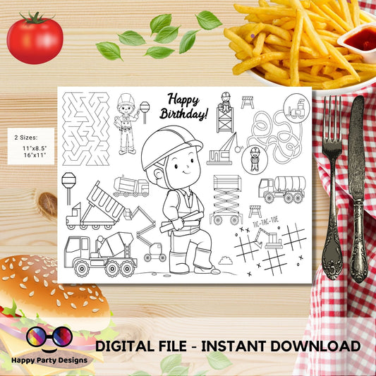 Instant download under construction coloring page | Placemat coloring page | Any Age | trucks | Party Activity | Loot Bag Party Favor
