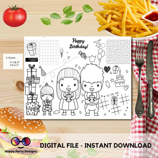 Printable Happy birthday Party Coloring Page | Birthday Activity | Placemat | table mat | Printable Party Games | Activity for kids #K126