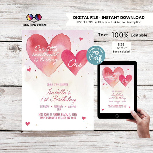 Little Sweetheart First Birthday Invitation Pink Hearts | Birthday Invitation | Valentines | Printable Valentine's Invitation | #K286