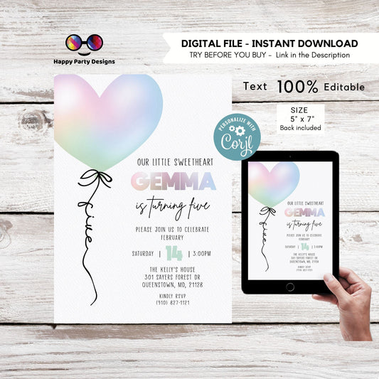 Our Little Sweetheart Birthday Invitation iridescent holographic Heart | Birthday Invitation | Valentines | Heart Invite Printable #K287