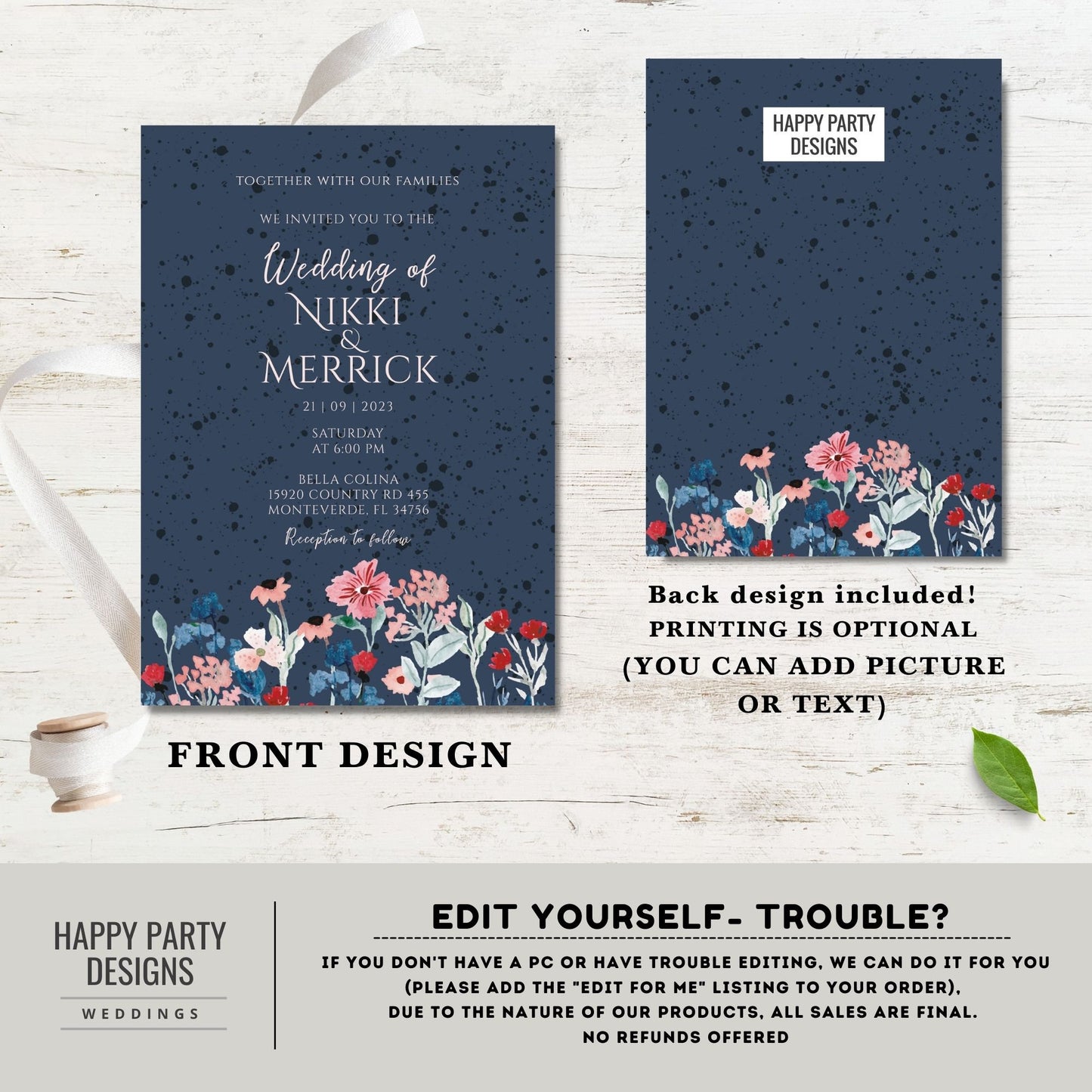 Editable Navy Blue Floral Invitation set | wedding invitation suite template | Navy floral Invitation bundle | details and RSVP #W25