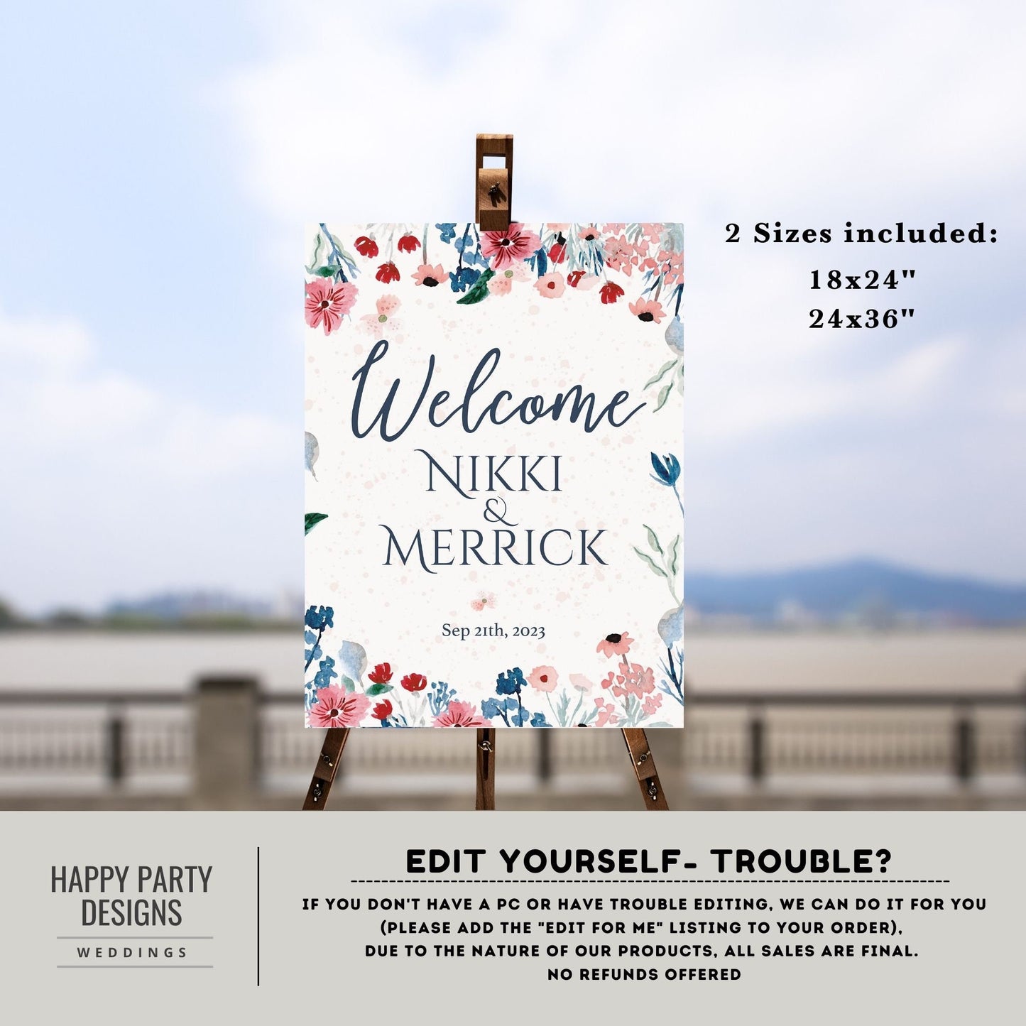 Editable Floral Welcome Sign | Royal wedding | wedding Decorations | welcome sign | floral Welcome Sign | Royal blue, Blue navy, white #W25