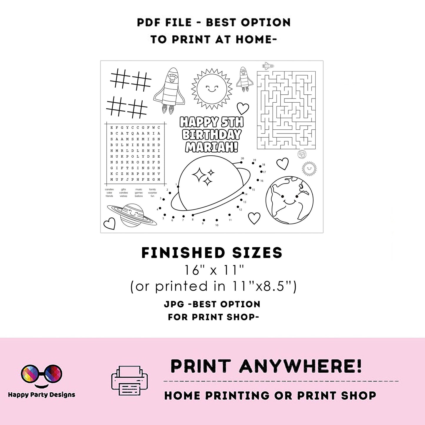 Editable First Trip Around the Sun party coloring page | Outer Space party Activity games GIRL Astronaut Activity Page Placemat #K57