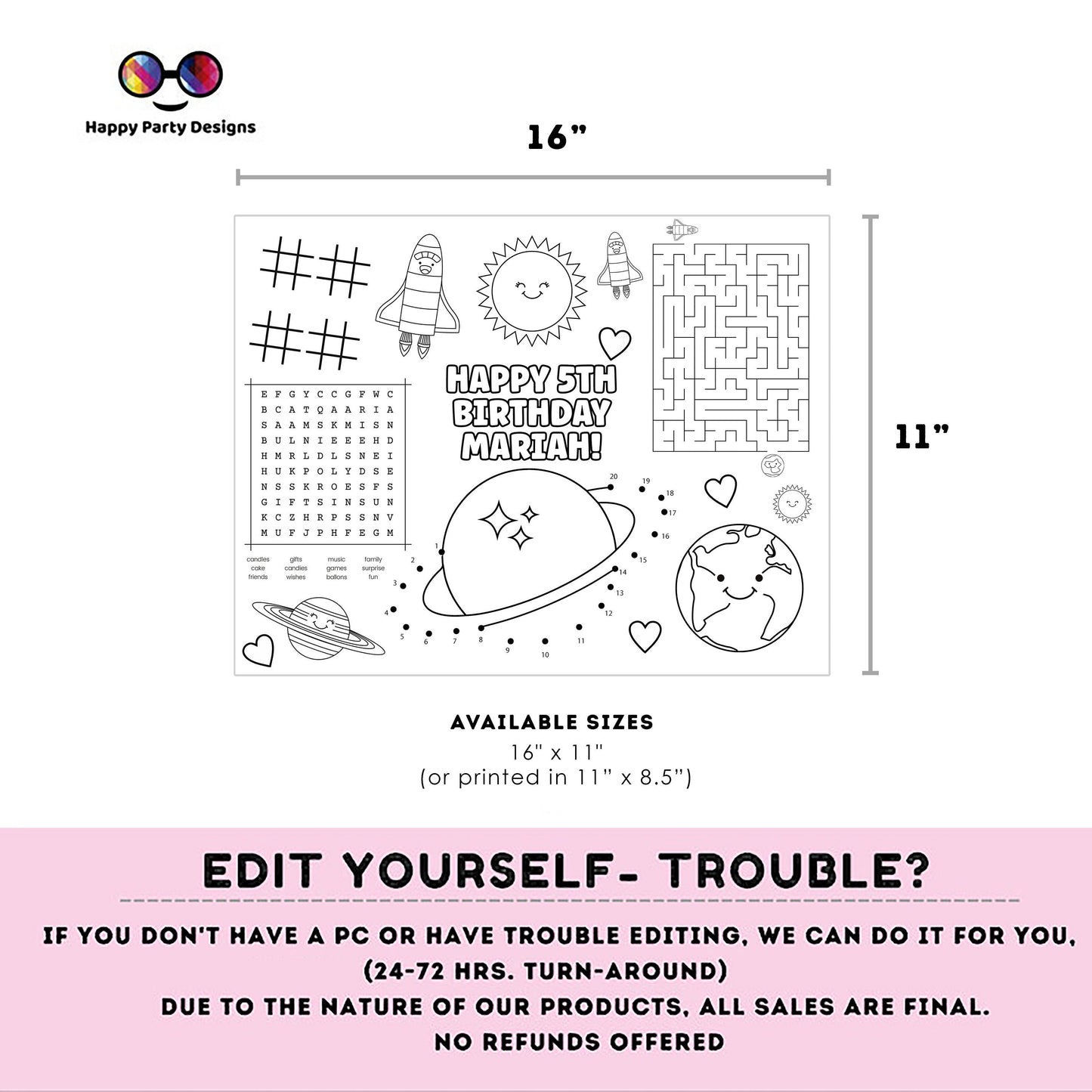 Editable First Trip Around the Sun party coloring page | Outer Space party Activity games GIRL Astronaut Activity Page Placemat #K57