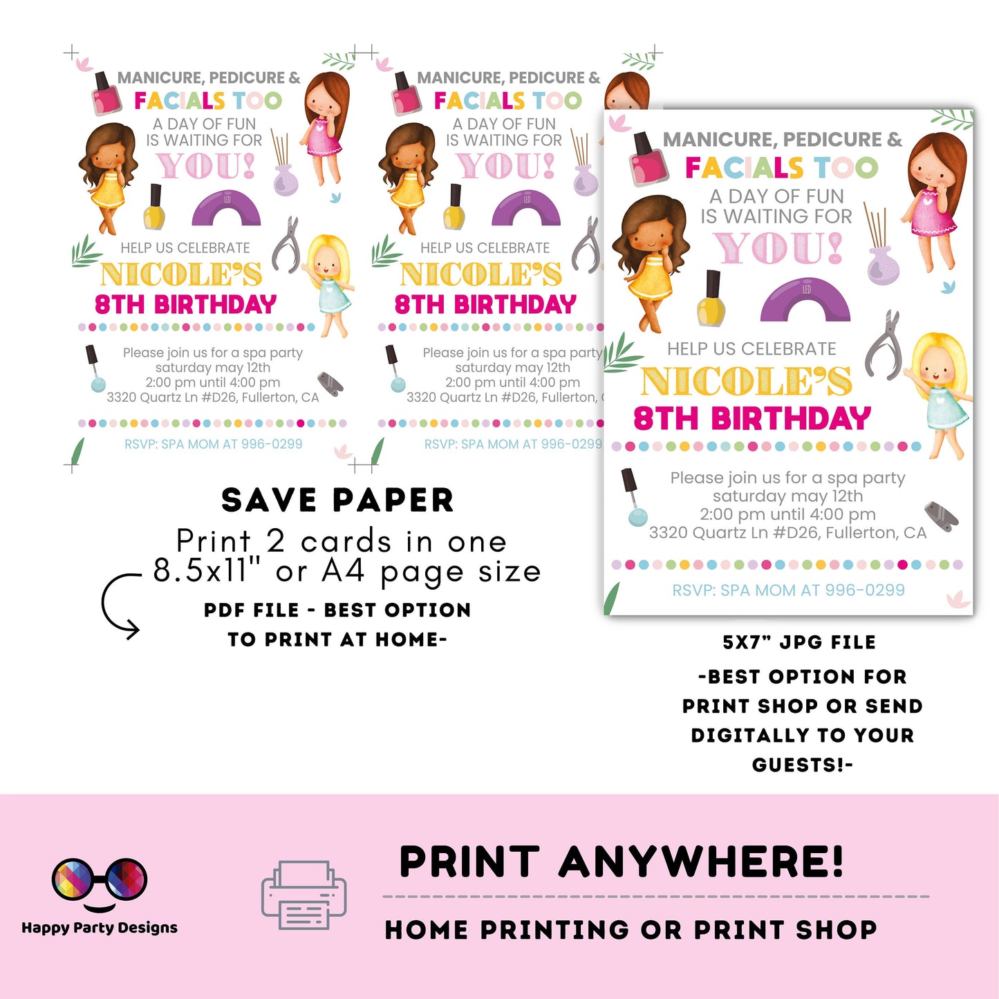 Editable Manicures pedicures and Facials too | girls spa party invitation editable template | glam makeup & nails spa birthday party #K288