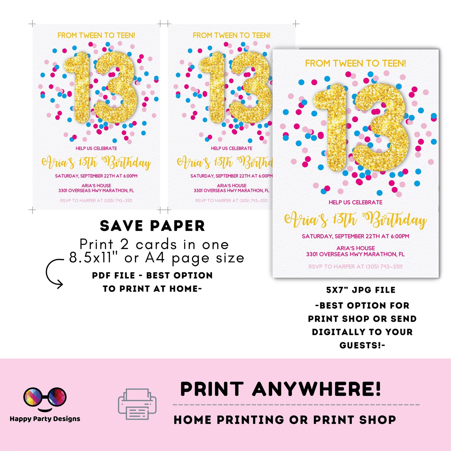 EDITABLE girl 13th birthday invitation | golden glitter Party | Birthday girl | 13th pink and teal Birthday | confetti party | fuchsia #K289