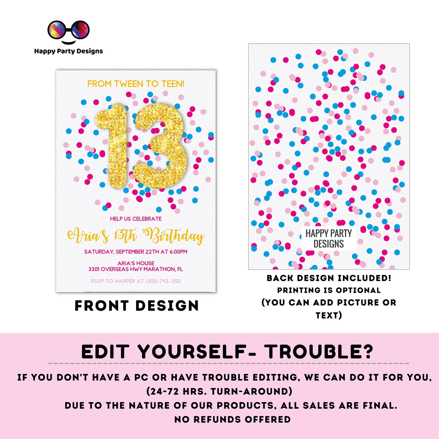 EDITABLE girl 13th birthday invitation | golden glitter Party | Birthday girl | 13th pink and teal Birthday | confetti party | fuchsia #K289