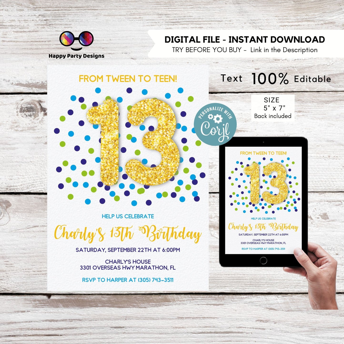 EDITABLE from tween to teen birthday invitation | golden glitter Party | boy | blue and green Birthday | confetti party | any age #K289