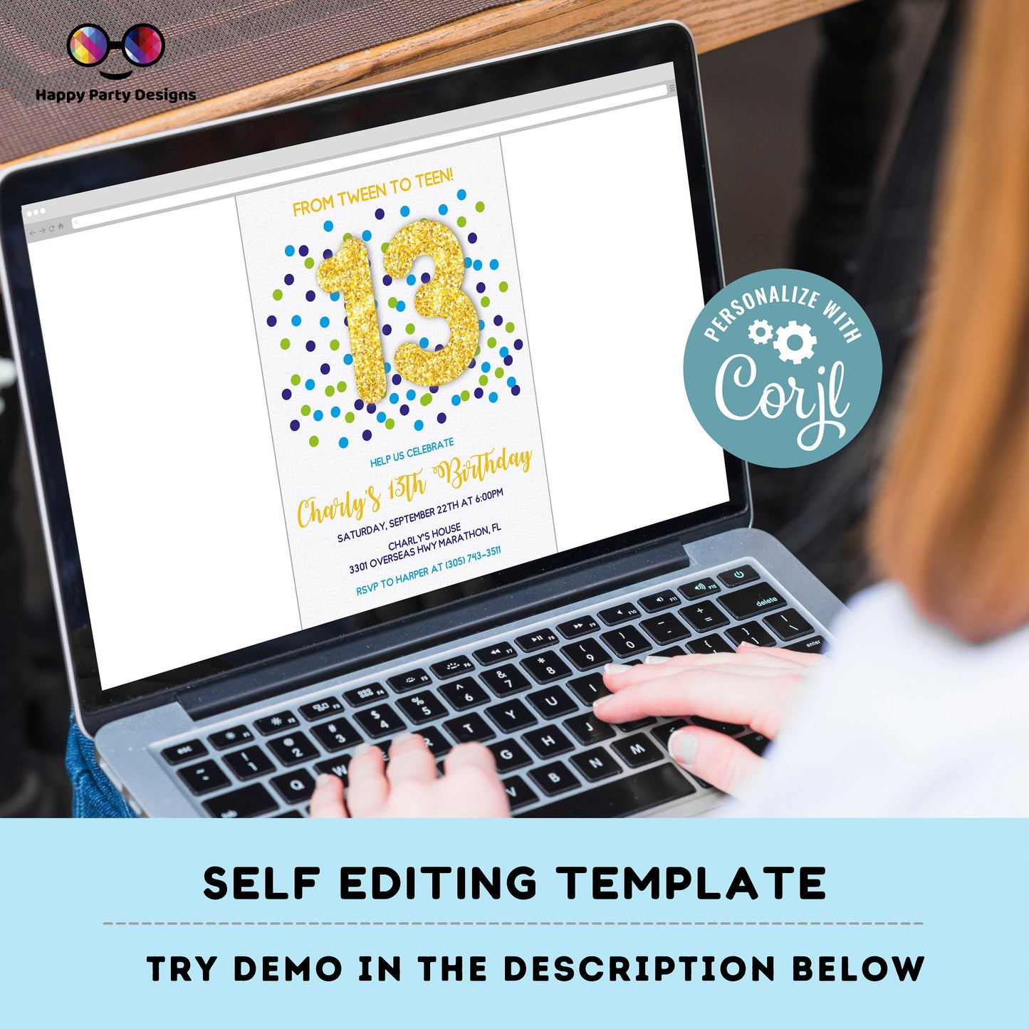 EDITABLE from tween to teen birthday invitation | golden glitter Party | boy | blue and green Birthday | confetti party | any age #K289