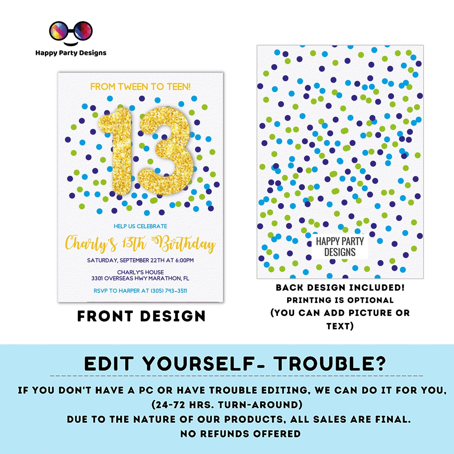 EDITABLE from tween to teen birthday invitation | golden glitter Party | boy | blue and green Birthday | confetti party | any age #K289