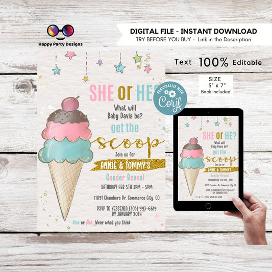 Editable Ice Cream Gender Reveal Invitation | Gender Reveal Invitation | Baby Shower | Ice cream Invite | neutral gender shower #K290