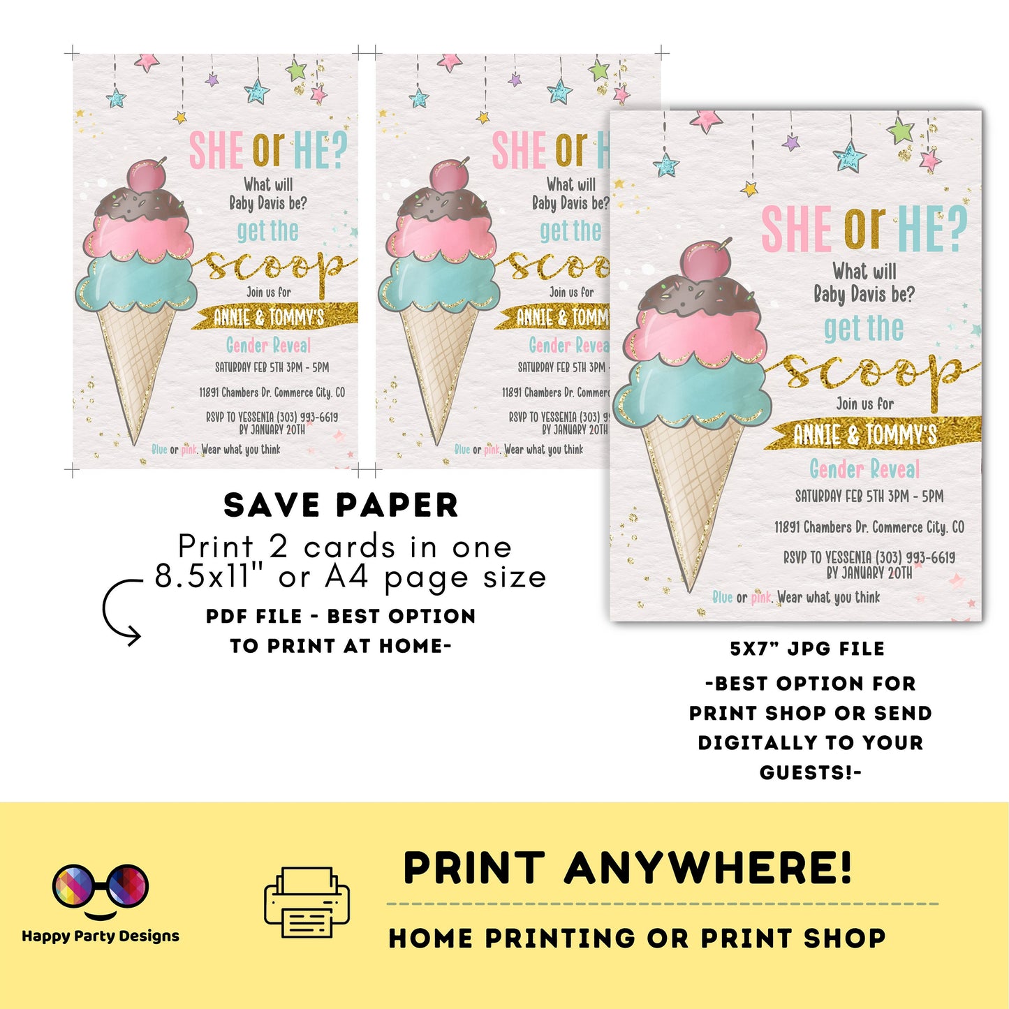 Editable Ice Cream Gender Reveal Invitation | Gender Reveal Invitation | Baby Shower | Ice cream Invite | neutral gender shower #K290