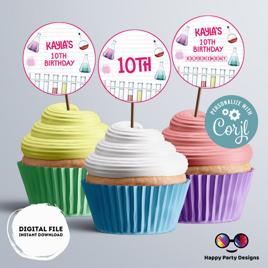 Editable Science Round cupcake toppers | science birthday | Science Birthday Party | science themed | girl Birthday Party | stickers #K124