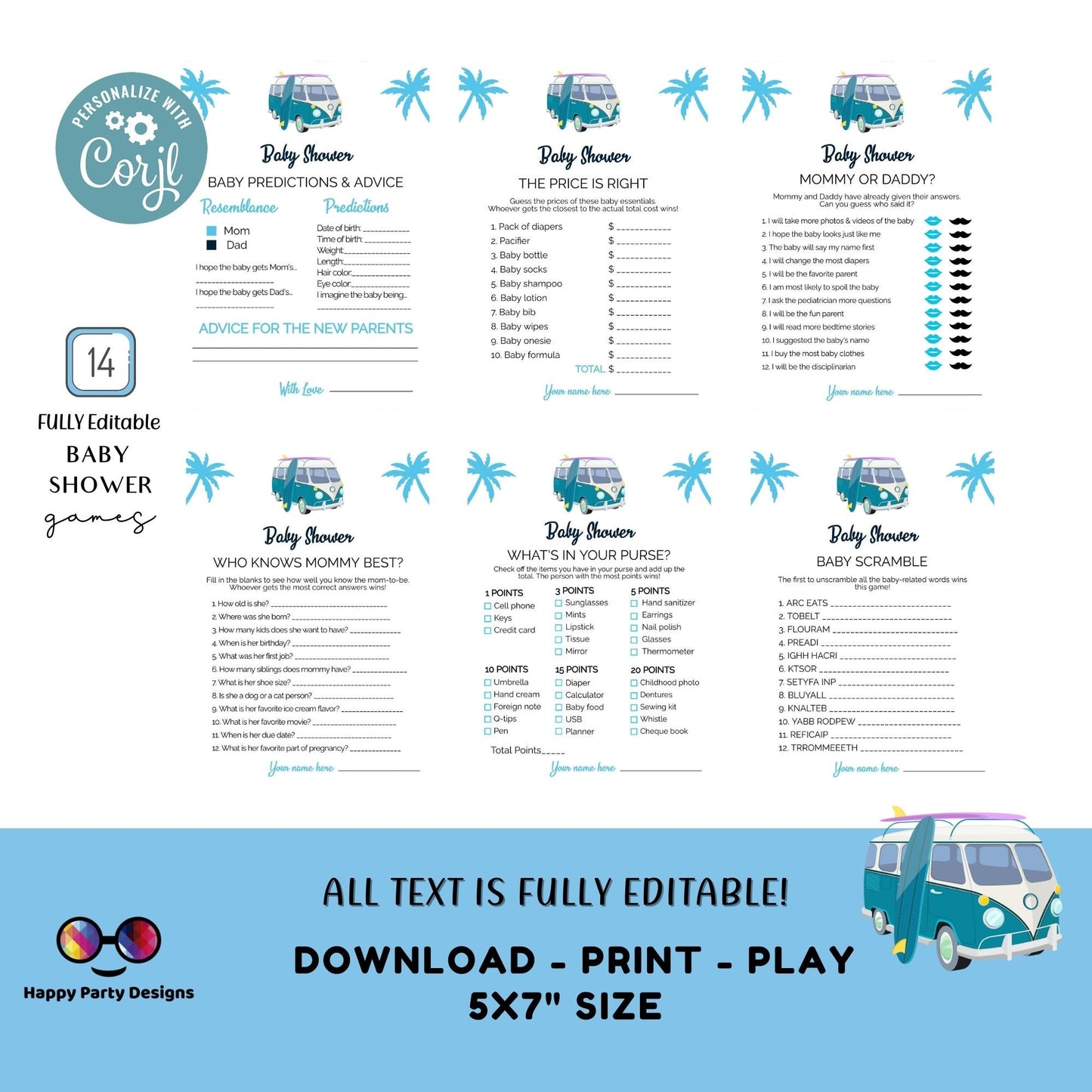 Editable baby on board games bundle | tropical baby shower games | Baby boy | summer shower | blue baby shower games | retro #B33