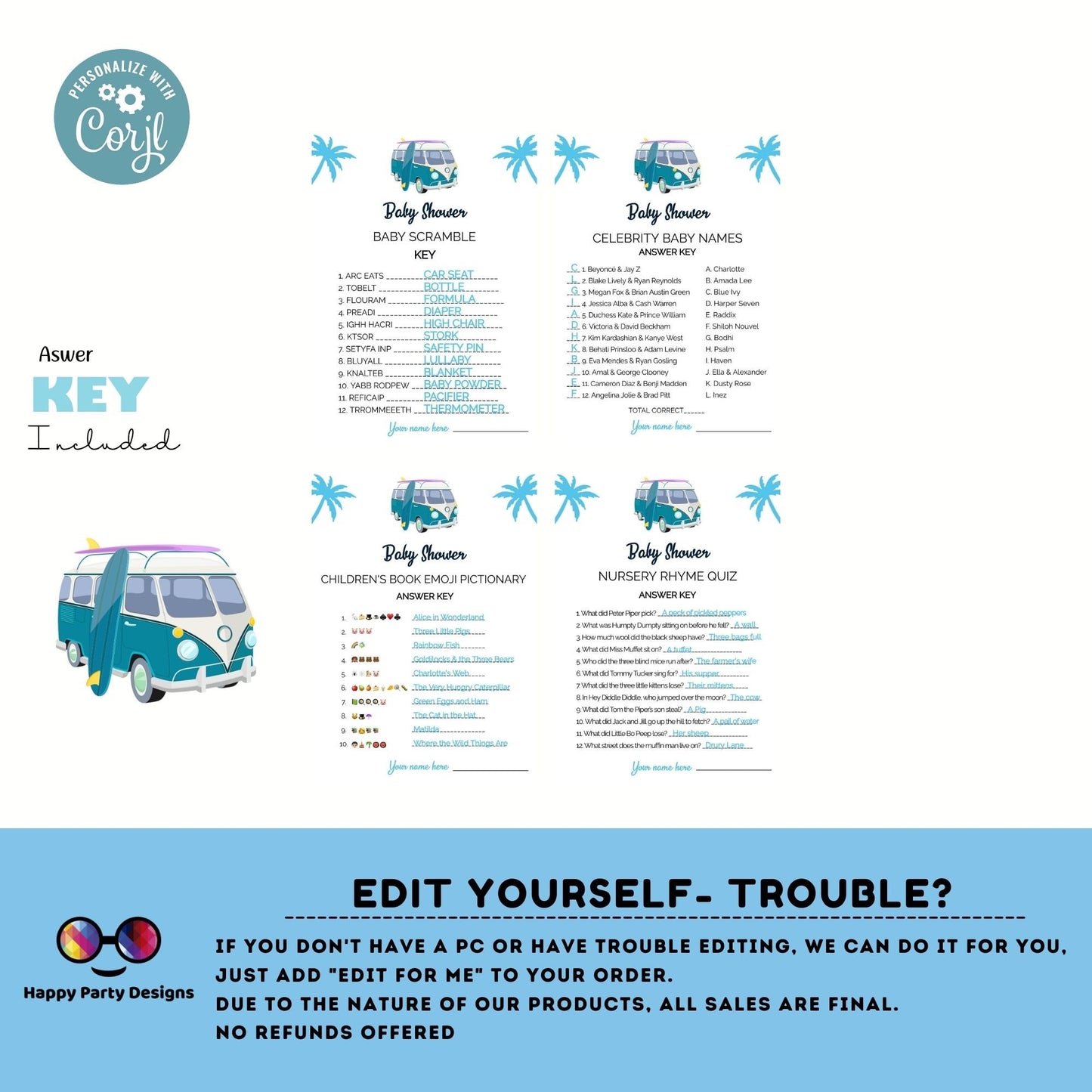 Editable baby on board games bundle | tropical baby shower games | Baby boy | summer shower | blue baby shower games | retro #B33