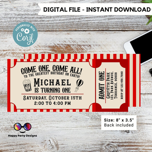 Carnival Ticket Birthday Invitation  | Circus Party  | Circus invitation | Editable Instant Download | birthday boy Edit Online #K212