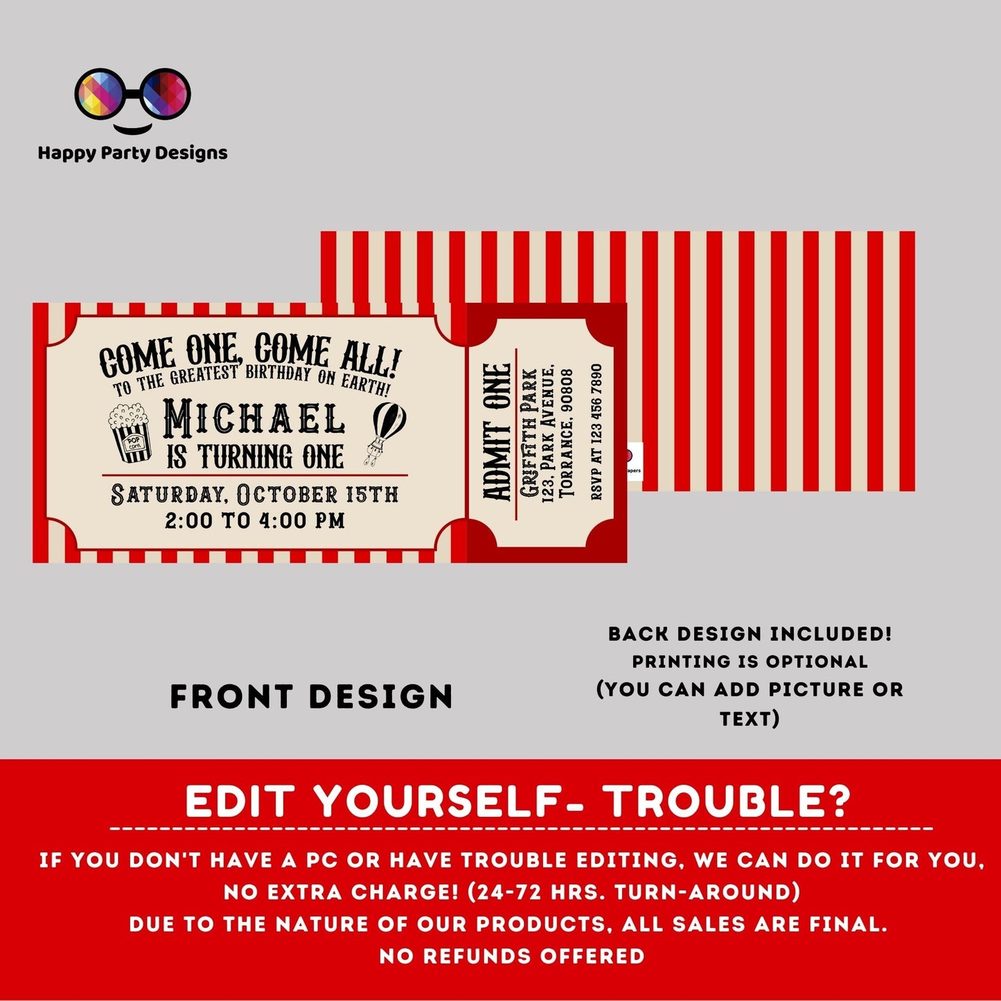 Carnival Ticket Birthday Invitation  | Circus Party  | Circus invitation | Editable Instant Download | birthday boy Edit Online #K212