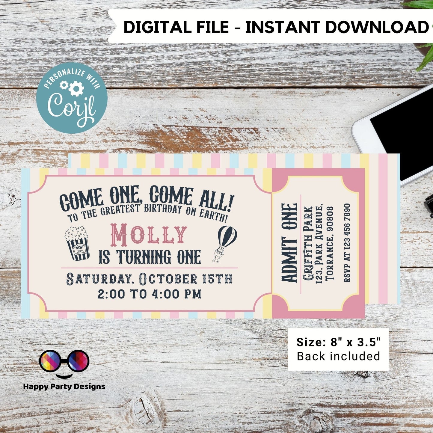 Carnival Ticket Birthday Invitation Pastel | Circus invitation Pastel | Editable Instant Download Edit Online #K211