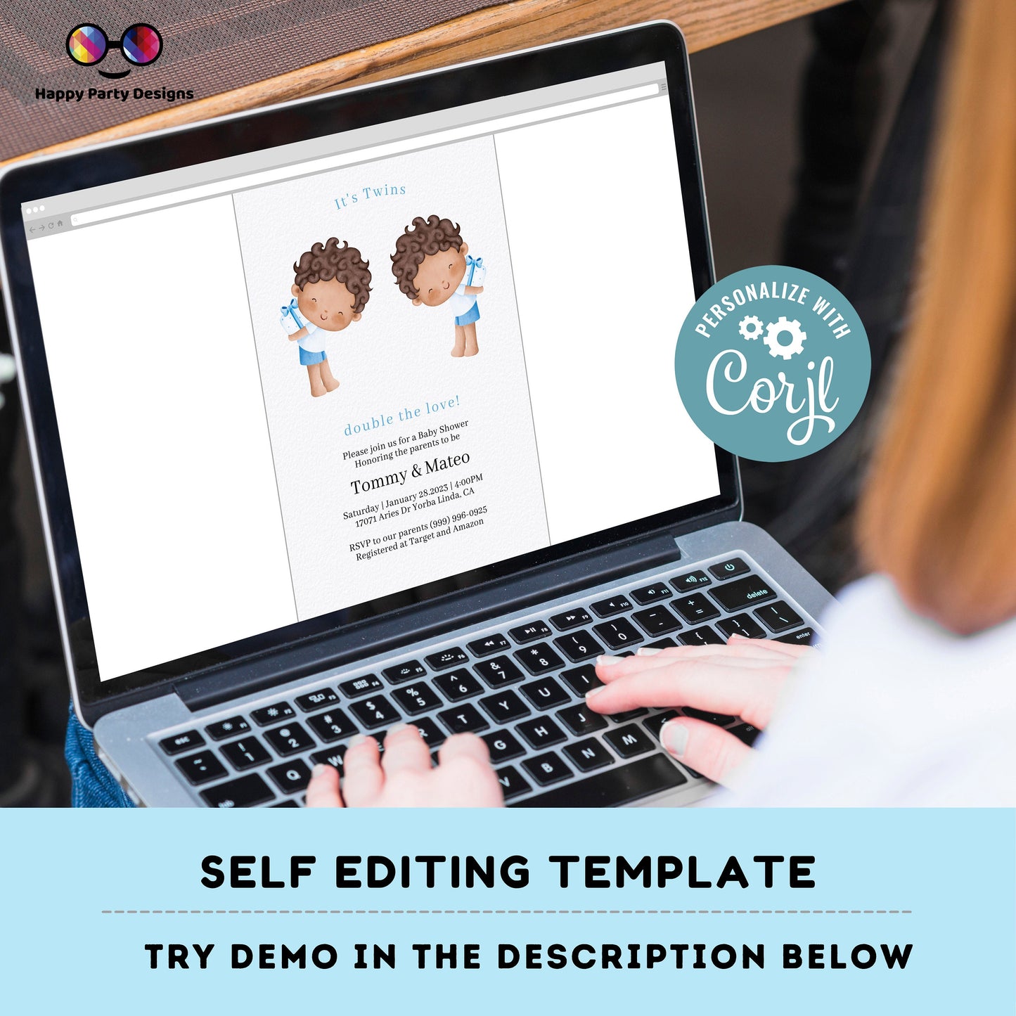 Editable it's twins Baby Shower Invitation | Template Printable | boys twins baby shower | Birthday or baby shower invitation #K291