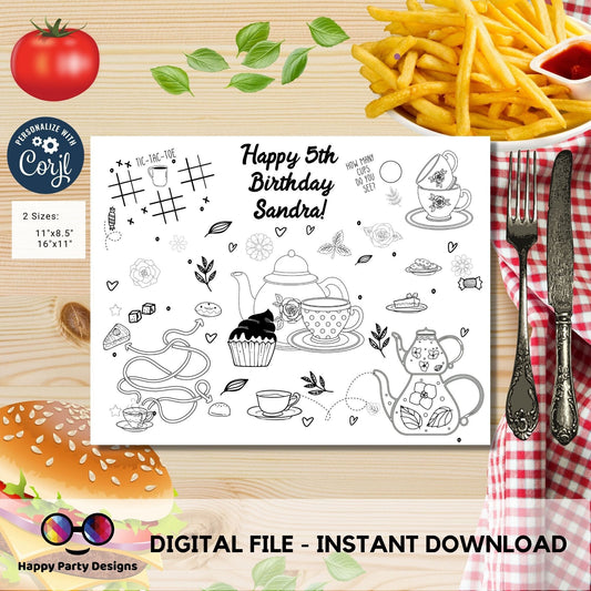 Editable tea party coloring page | tea party coloring page | tea birthday party coloring page |  tea time birthday party #K182