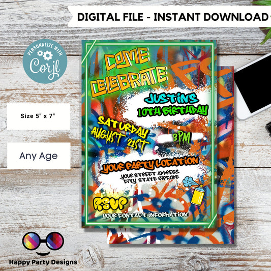 Editable Neon Graffiti invitation | Digital graffiti printable invite | Birthday boy | Graffiti Invitation | Personalize Online #K1