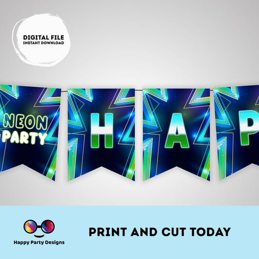 Happy Birthday Neon Blue Party Banner | Neon Glow in the dark Birthday Banner | Neon Blue Purple Birthday Banner | glow pink party #K185
