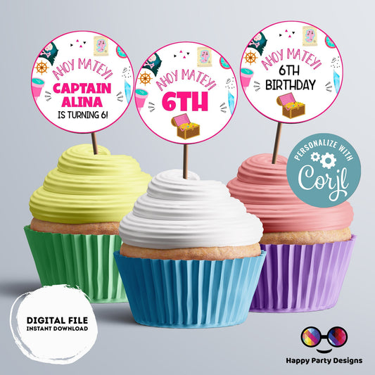 EDITABLE pirates round cupcake toppers |Pirates Party | Birthday girl | Ahoy Birthday stickers | Pirate decoration | Printable toppers #K108