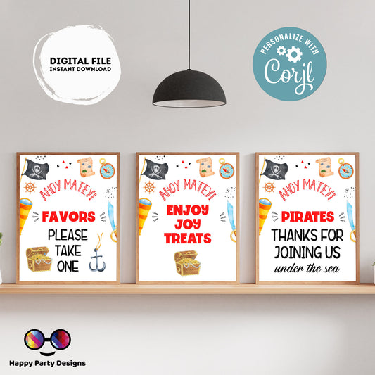 Editable Pirates Birthday Signs (3) | Pirates Party | Boy birthday Decorations | Pirate Birthday | Buffet Sign | Ahoy #K108