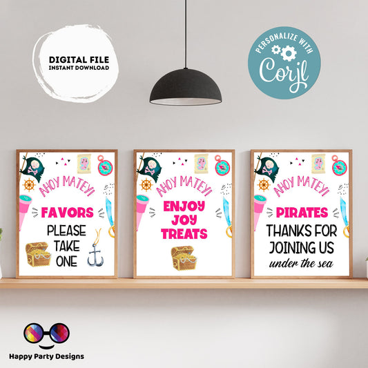 Editable Pirates Birthday Signs (3) | Pirates Party | girl birthday Decorations | Pirate Birthday | Buffet Sign | Ahoy #K108