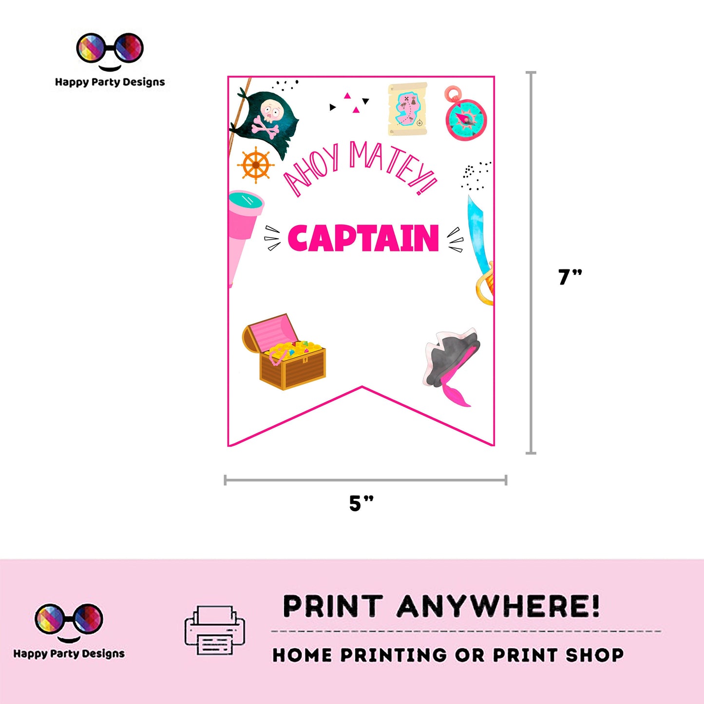 Pirates Happy Birthday Banner | Pirates party | Birthday banner | Pirate birthday party | Ahoy party | Pirates pink Banner #K108