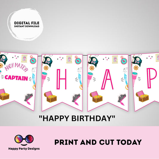 Pirates Happy Birthday Banner | Pirates party | Birthday banner | Pirate birthday party | Ahoy party | Pirates pink Banner #K108