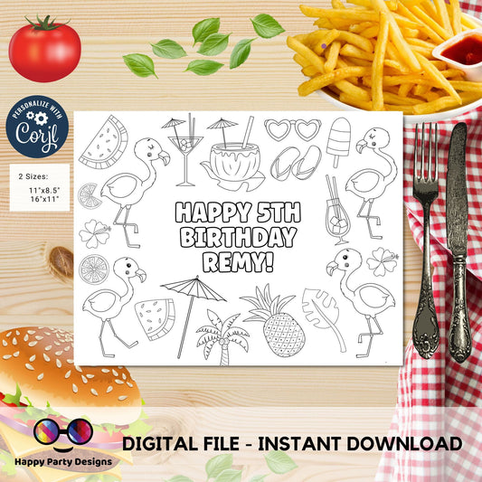 Editable Flamingo coloring page | Placemat coloring page | Any Age | Flamingo birthday | Tropical Party Activity  #K114
