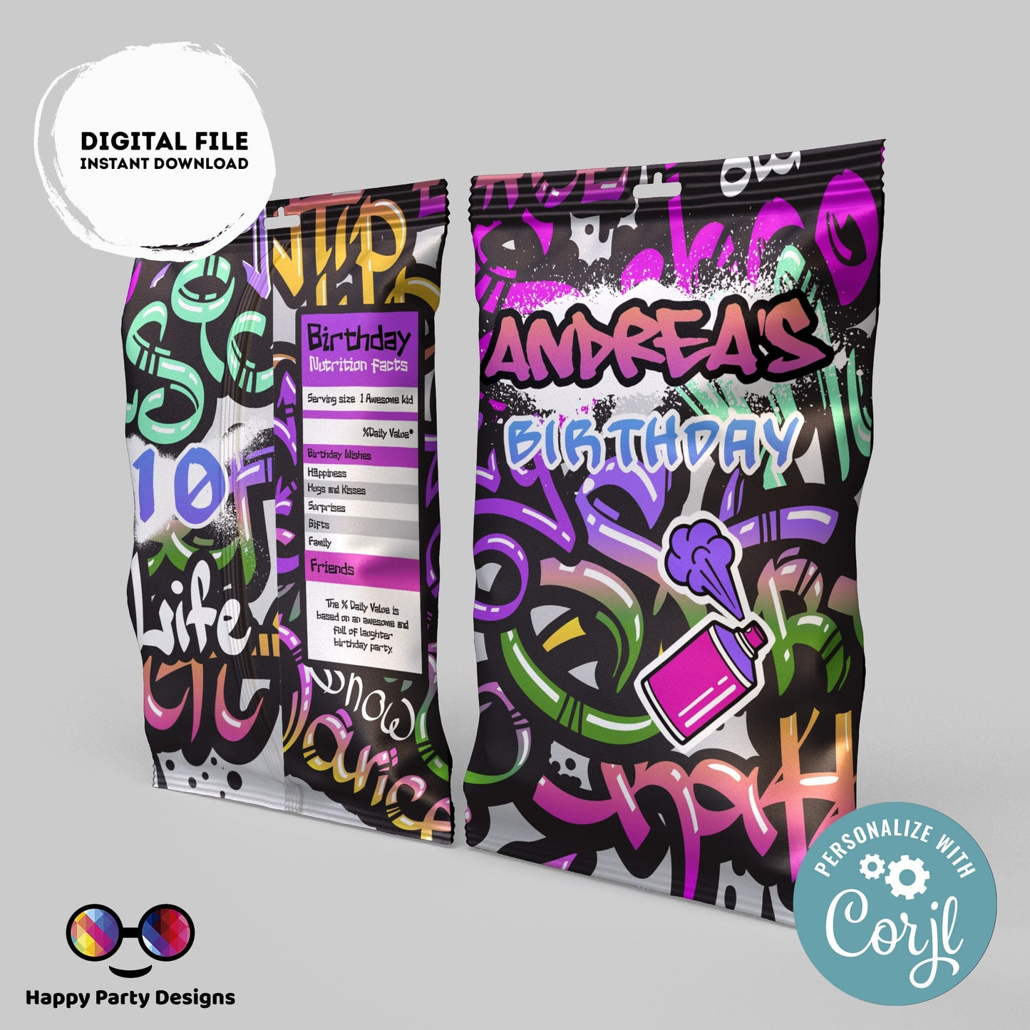 Editable Graffiti Chip Bag | Digital Graffiti  printable Chip Bag | Party Snack Graffiti  Birthday girl | Personalized Favors  Corjl #K2