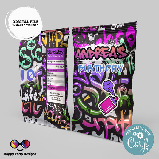 Editable Graffiti Chip Bag | Digital Graffiti  printable Chip Bag | Party Snack Graffiti  Birthday girl | Personalized Favors  Corjl #K2