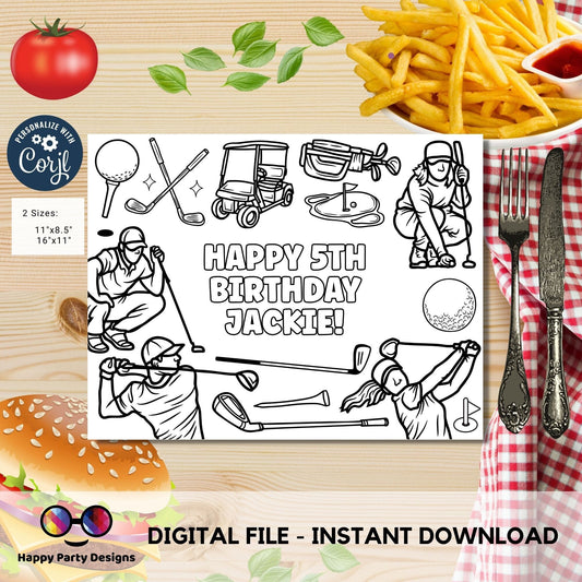 Editable Golf Birthday coloring Page | Sports Party | Sports coloring page | Editable golf coloring placemat Edit Online #K179