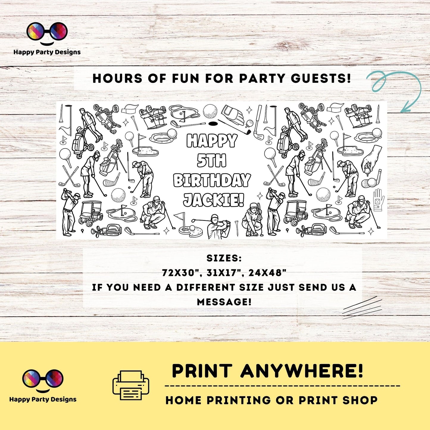 Editable golf party XL coloring Table Runner | Editable golf party coloring page | Golf birthday table runner Party activity for kids #K179