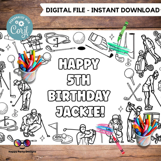 Editable golf party XL coloring Table Runner | Editable golf party coloring page | Golf birthday table runner Party activity for kids #K179