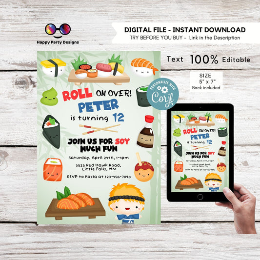 Editable Sushi Birthday party invitation  | Sushi invitation | Any Age | Cute Sushi birthday | Cute Sushi  Party | Sushi Birthday  #K91