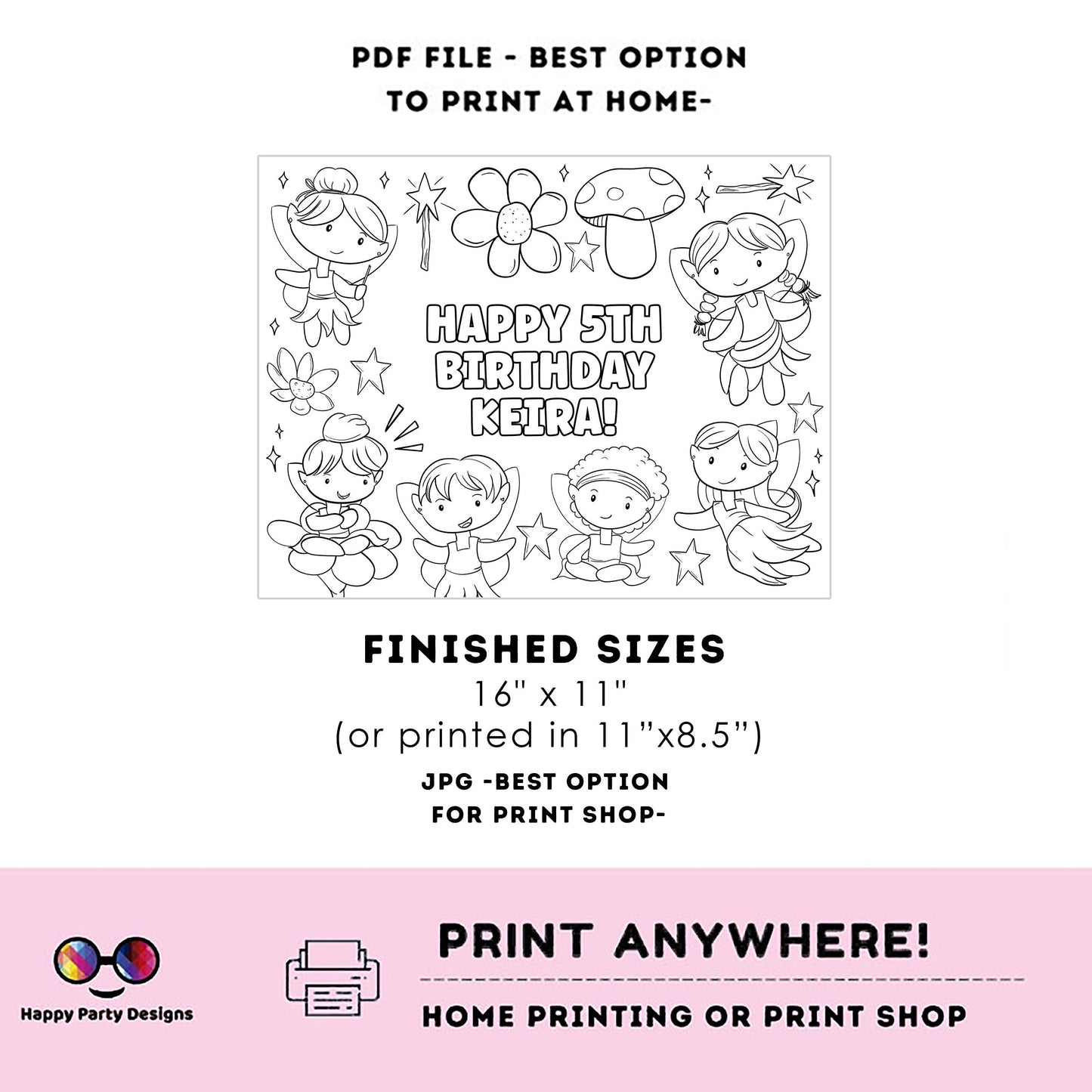 Editable fairies coloring page | Placemat coloring page | Any Age | Fairies coloring page  | Fairy party placemat #K231