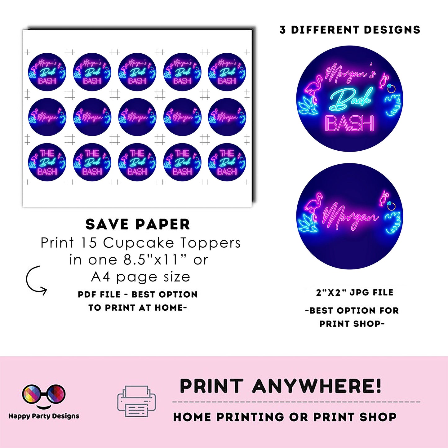 Editable Tropical Neon Bachelorette Party cupcake toppers | Bridal Party Template | Instant download | Bachelorette | Tropical neon #W5