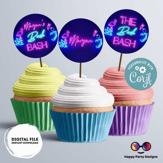 Editable Tropical Neon Bachelorette Party cupcake toppers | Bridal Party Template | Instant download | Bachelorette | Tropical neon #W5