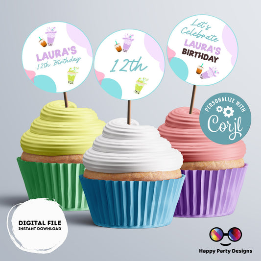 Editable Tea Party birthday | tea Party cupcake toppers | Boba Tea Party Template | Instant download | Bubble Tea Par-Tea | Boba Tea #K121