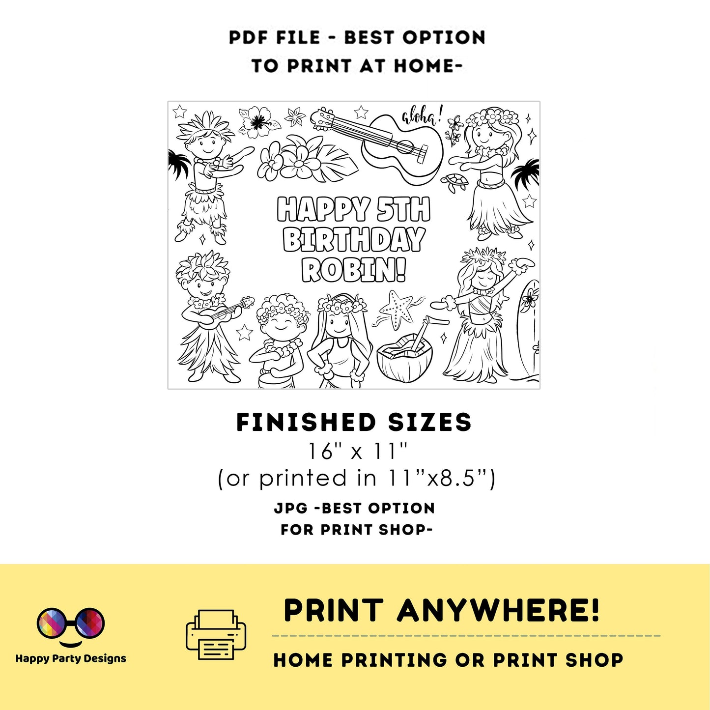 Editable Hawaiian party coloring page | Aloha placemat | Any Age | Beach birthday | Luau Party Coloring Pages | beach party kids #K222